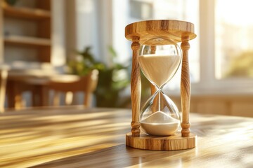 A sand hourglass resting on a polished wooden table, sunlight streaming through a window