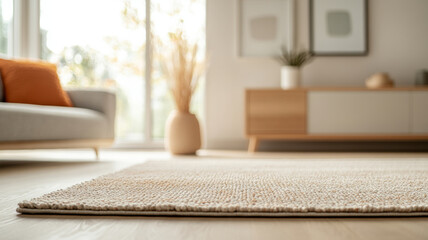 Poster - A cozy living room featuring textured area rug, modern furniture, and natural light streaming through large windows. warm tones create welcoming atmosphere