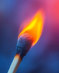 A close-up of a lit match with a bright orange flame against a blurred purple and pink background.