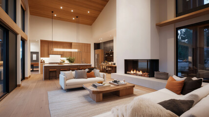 Poster - Modern living room with high ceilings, wooden accents, and cozy fireplace. open layout features stylish kitchen and warm lighting, creating welcoming atmosphere