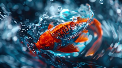 Sushi koi fish swimming in a glowing digital pond, futuristic vibes, holographic light, fantasy style,