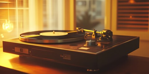 Wall Mural - Vintage record player on wooden table in warm light.