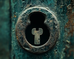 A close-up of an old rusty keyhole with a key inside.