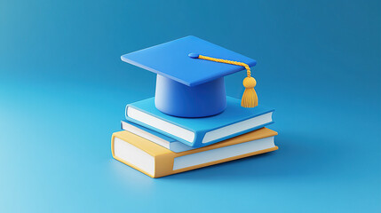 3D isometric icon: a blue graduation cap on top of two books,