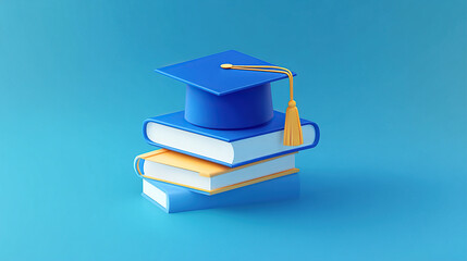 3D isometric icon: a blue graduation cap on top of two books,