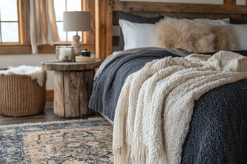 Sticker - Cozy bedroom featuring stylish bed with textured blankets, rustic side table, and warm atmosphere. soft colors and natural materials create serene retreat