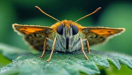 Wall Mural - A close-up shot of a butterfly with orange and brown wings, sitting on a green leaf, facing the camera.