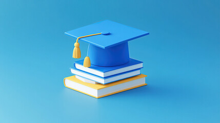 3D isometric icon: a blue graduation cap on top of two books,