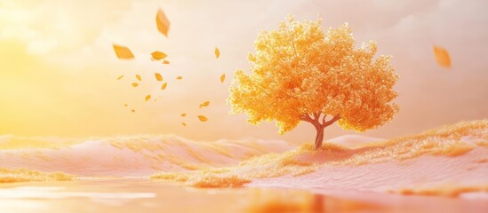 Sticker - A lone, golden tree stands tall in a field, leaves fluttering in the warm breeze.  Sunlight paints the landscape in warm hues, creating a sense of serenity and peace.