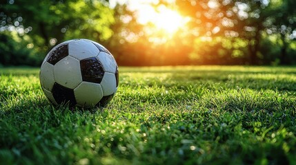 A classic black and white soccer ball resting on a vibrant green field, illuminated by the warm glow of the setting sun in a peaceful park.