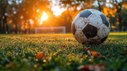 A worn soccer ball with mud marks on a vibrant grassy field, illuminated by the golden glow of sunset with a goal post in the background.