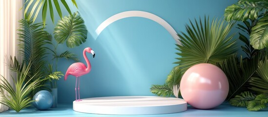 Sticker - A pink flamingo stands on a white platform with tropical plants in the background and a blue wall, perfect for displaying products or text.