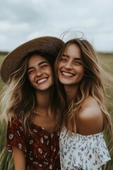 Two happy friends smiling in nature