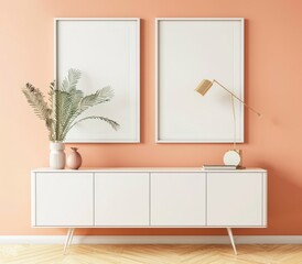 Modern interior living room wall mockup with two vertical frame mockups on an orange wall. Minimal living room interior design with white sideboard