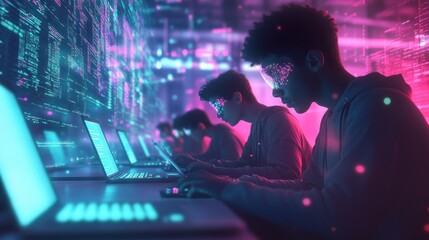 A group of young people working on laptops in a brightly lit room, illuminated by neon lights. They are focused on their work, with glowing light reflecting off their glasses.