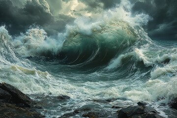 Wall Mural - A dramatic, large wave crashes against a rocky shore under a stormy sky.