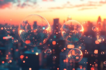 Poster - A dreamy cityscape at sunset with soap bubbles floating in the air.