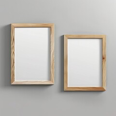 Two empty wooden picture frames on a gray wall. Use this mockup to display your artwork, photos, posters, or quotes