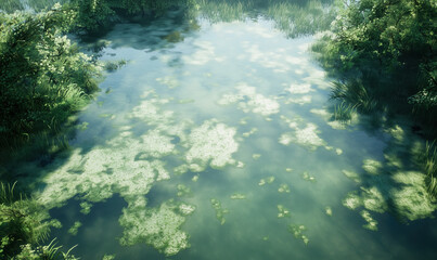 Close-Up View of Shrek's Swamp Featuring Floating Algae and Water Surface in Unreal Engine for Stunning Natural Beauty