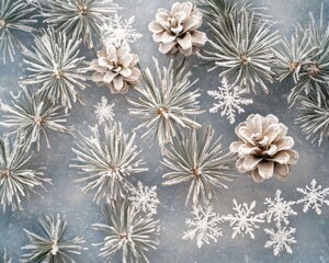 A flat lay image of a winter holiday theme with white pine cones, snowflakes, and pine sprigs on a blue background.