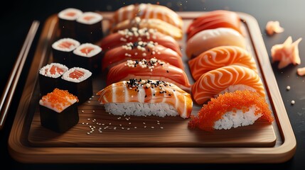 Sushi platter with fresh fish and rice, traditional Japanese elements, 3D illustration