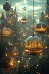 Canvas Print - A futuristic city with glowing spheres suspended in the air.