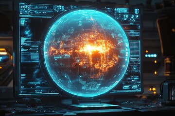 a futuristic computer monitor displaying a glowing blue and orange digital globe with various data p