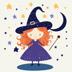 A whimsical illustration of a young girl witch with curly hair, wearing a starry dress and holding a magical wand amid stars.