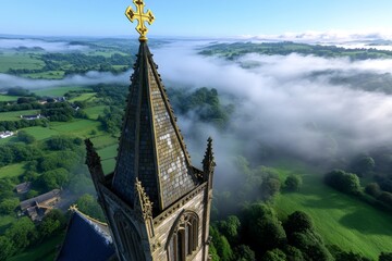 Gothic church tower rising from a misty countryside, casting eerie shadows