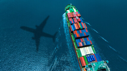 Aerial view of the freight shipping transport system cargo ship container. international transportation Export-import business, logistics, transportation industry concept