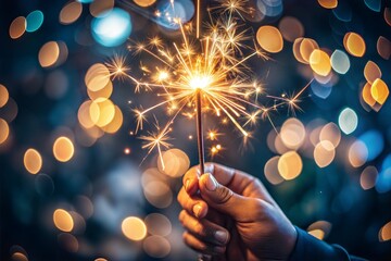 Canvas Print - lit sparkler with festive bokeh background celebratory happy holidays ambiance