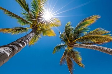 Palm tree branches swaying under a bright midday sun, with a clear blue sky