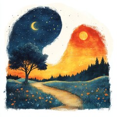 Wall Mural - A simple bright cartoon scene for a song for kids showing night on the left and day on the right blended together.