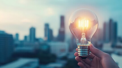 Poster - Hand holding glowing light bulb with city skyline, close up, focus on, copy space, vibrant cityscape, Double exposure silhouette with business growth