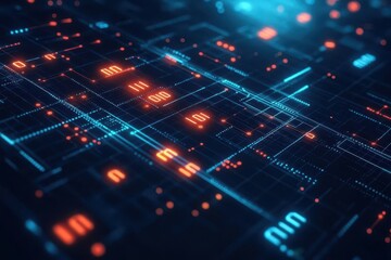 Poster - Futuristic data matrix, glowing binary numbers, sleek black background, tech visuals