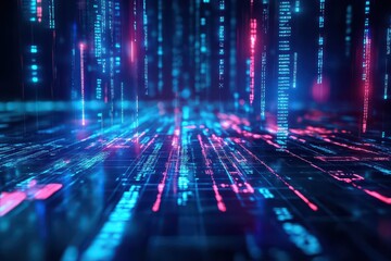 Poster - Binary code flow, abstract matrix interface, dark scifi landscape