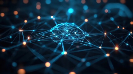Fototapete - AI neural network with glowing synapses connecting digital nodes, futuristic cyberbrain, dark background with neon accents, deep blue glow