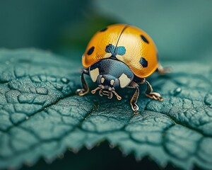 Wall Mural - A ladybug with black spots on its orange shell sits on a green leaf.