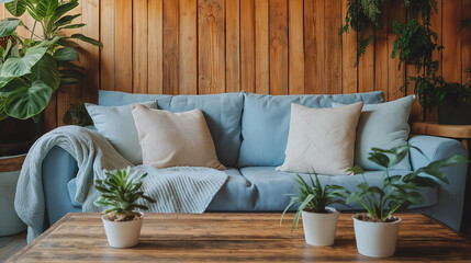 Wall Mural - A pastel blue sofa in front of a wooden wallpaper wall