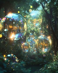 Wall Mural - A magical forest with glowing orbs floating amongst the trees.