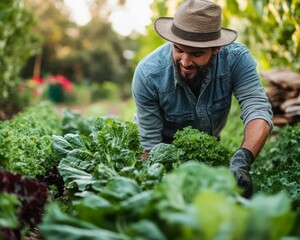 Canvas Print - A man in a hat and gloves is tending to a garden of leafy green vegetables. He is smiling as he works, suggesting a sense of joy and satisfaction.