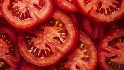 Wall Mural - Close up of Tomato background, top view. Video high resolution macro videography for advertising or food design.	