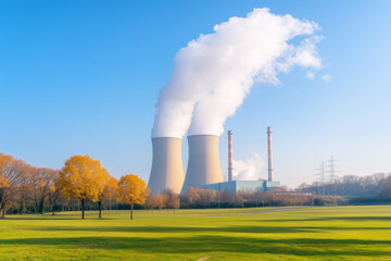 A nuclear power plant with large cooling towers emitting steam