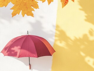 Canvas Print - Minimalist Autumn Umbrella Art in Burgundy and Mustard Hues with Leaf Shadows