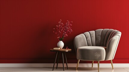 Comfort armchair elegant with small table with blank red wall