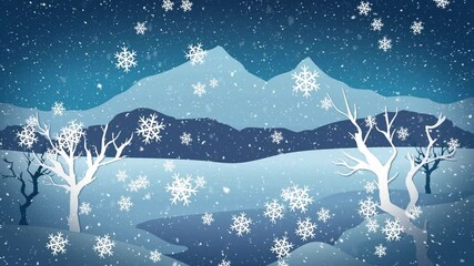 Poster - Snowflakes falling animation over snowy mountain landscape with bare trees