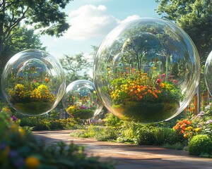 Canvas Print - A path through a whimsical garden with flowers encased in transparent spheres, creating a surreal and colorful landscape.