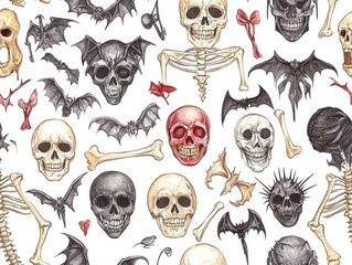 Skulls and bats illustration, white isolated background