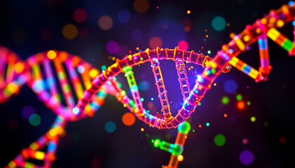 Colorful DNA strands illuminated by vibrant light particles, representing the beauty of genetics and molecular science.