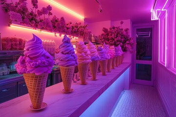 Poster - A row of pastel-colored ice cream cones sit on a counter in a brightly lit ice cream shop with pink flowers and neon lights.